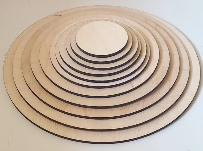 Holzscheiben, Rohlinge, 3mm Birke, verschiedene Größen, rund im 5er Pack. Ideal zum Basteln, Untersetzer