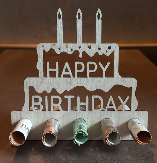 Geldgeschenk aus Holz, verschiedene Motive, Happy Birthday, Motorrad, Motorroller, Klavier, Gitarre, Note, Karaffe, Gläser, Fahrrad, Topf, Utensilien, Kessel, Tasse, Brett, Beil