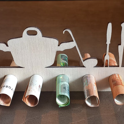Geldgeschenk aus Holz, verschiedene Motive, Happy Birthday, Motorrad, Motorroller, Klavier, Gitarre, Note, Karaffe, Gläser, Fahrrad, Topf, Utensilien, Kessel, Tasse, Brett, Beil