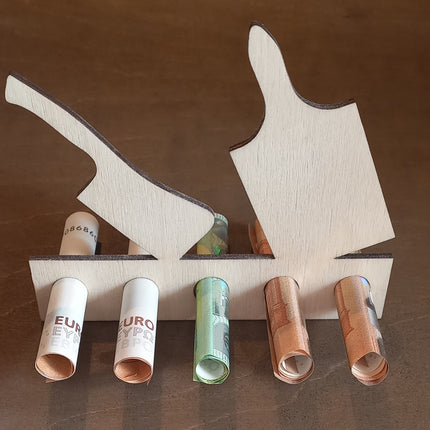 Geldgeschenk aus Holz, verschiedene Motive, Happy Birthday, Motorrad, Motorroller, Klavier, Gitarre, Note, Karaffe, Gläser, Fahrrad, Topf, Utensilien, Kessel, Tasse, Brett, Beil