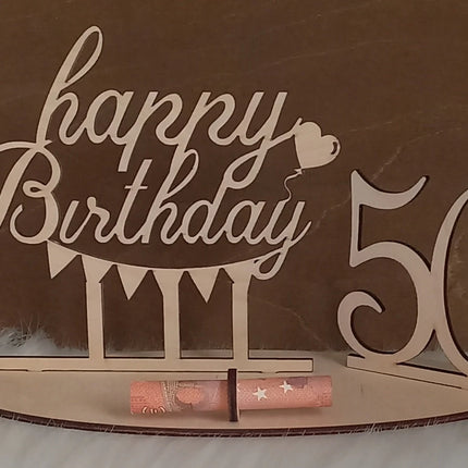 Happy Birthday Geschenk aus Holz, Geldgeschenk, Motiv Wimpel