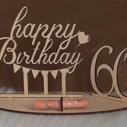 Happy Birthday Geschenk aus Holz, Geldgeschenk, Motiv Wimpel