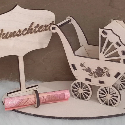 Zur Geburt, Kinderwagen/Geldgeschenk, personalisiert