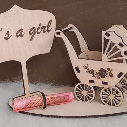 Zur Geburt, Kinderwagen/Geldgeschenk, personalisiert