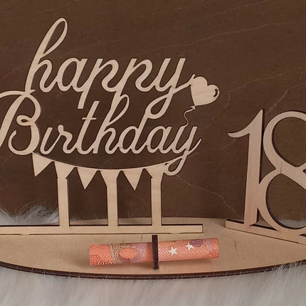 Happy Birthday Geschenk aus Holz, Geldgeschenk, Motiv Wimpel
