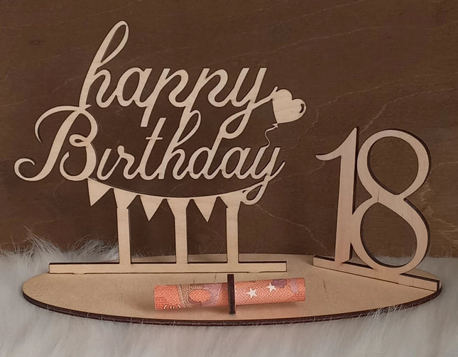 Happy Birthday Geschenk aus Holz, Geldgeschenk, Motiv Wimpel