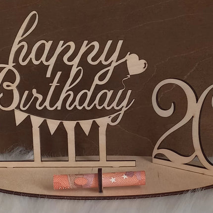 Happy Birthday Geschenk aus Holz, Geldgeschenk, Motiv Wimpel