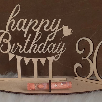 Happy Birthday Geschenk aus Holz, Geldgeschenk, Motiv Wimpel