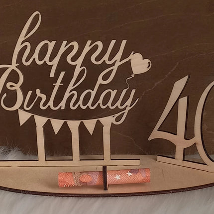 Happy Birthday Geschenk aus Holz, Geldgeschenk, Motiv Wimpel