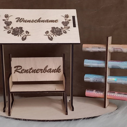 Rente, Rentnersitz/Rentnerbank aus Holz, Geldgeschenk