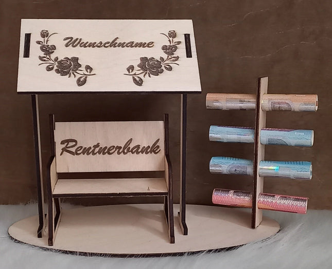 Rente, Rentnersitz/Rentnerbank aus Holz, Geldgeschenk