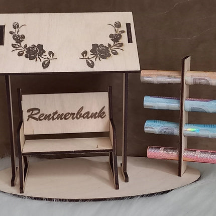 Rente, Rentnersitz/Rentnerbank aus Holz, Geldgeschenk