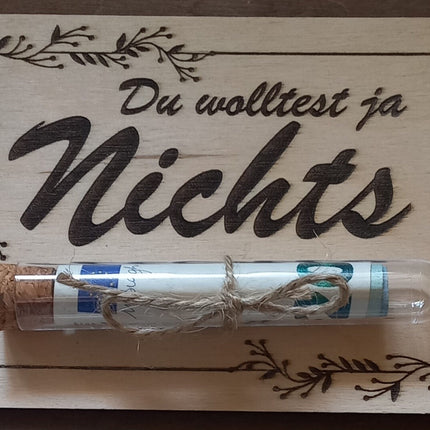 Geldgeschenk aus Holz mit Reagenzglas aus Kunststoff, Geburtstagskarte, Karte aus Holz, Geburtstagstafel, Geschenkkarte
