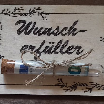 Geldgeschenk aus Holz mit Reagenzglas aus Kunststoff, Geburtstagskarte, Karte aus Holz, Geburtstagstafel, Geschenkkarte