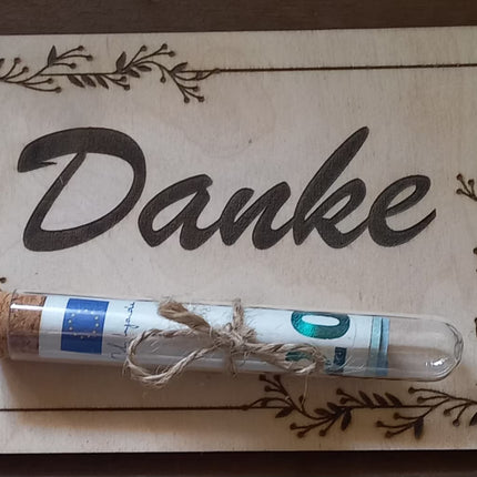 Geldgeschenk aus Holz mit Reagenzglas aus Kunststoff, Geburtstagskarte, Karte aus Holz, Geburtstagstafel, Geschenkkarte