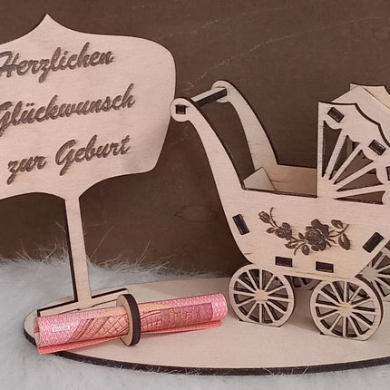 Zur Geburt, Kinderwagen/Geldgeschenk, personalisiert