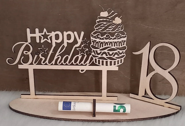 Happy Birthday Geschenk aus Holz, Cupcake, Geldgeschenk