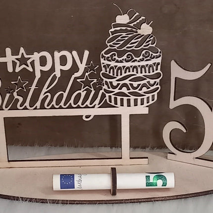 Happy Birthday Geschenk aus Holz, Cupcake, Geldgeschenk