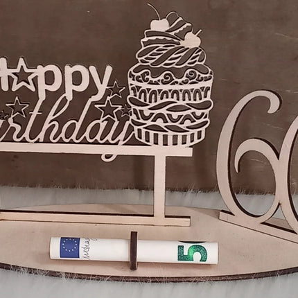 Happy Birthday Geschenk aus Holz, Cupcake, Geldgeschenk