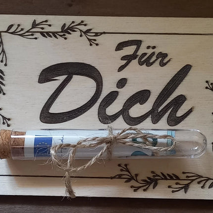 Geldgeschenk aus Holz mit Reagenzglas aus Kunststoff, Geburtstagskarte, Karte aus Holz, Geburtstagstafel, Geschenkkarte
