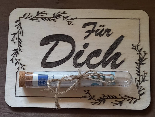 Geldgeschenk aus Holz mit Reagenzglas aus Kunststoff, Geburtstagskarte, Karte aus Holz, Geburtstagstafel, Geschenkkarte