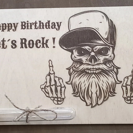 Geldgeschenk aus Holz mit Reagenzglas aus Kunststoff, TOTENKOPF, LETs ROCK, Geschenkkarte, Geburtstagskarte