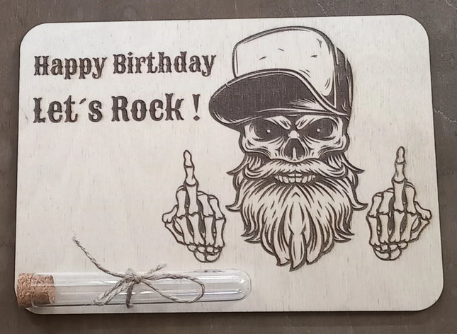 Geldgeschenk aus Holz mit Reagenzglas aus Kunststoff, TOTENKOPF, LETs ROCK, Geschenkkarte, Geburtstagskarte