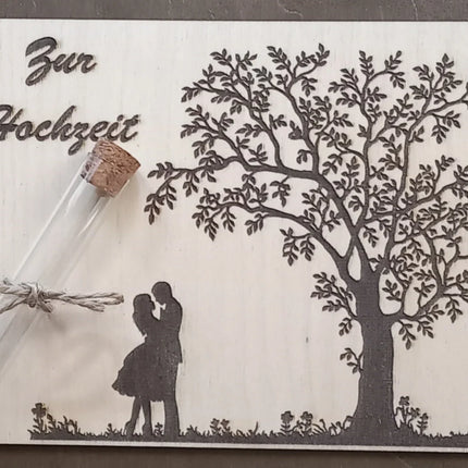 Geldgeschenk aus Holz mit Reagenzglas aus Kunststoff, ZUR HOCHZEIT, Geschenkkarte, Geburtstagskarte