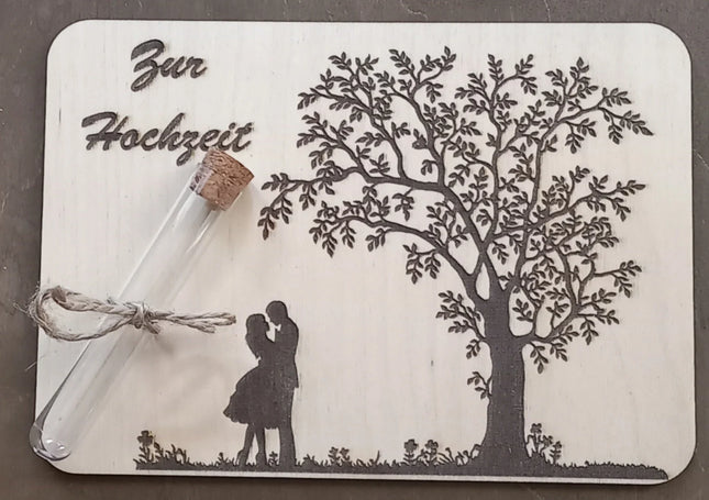 Geldgeschenk aus Holz mit Reagenzglas aus Kunststoff, ZUR HOCHZEIT, Geschenkkarte, Geburtstagskarte