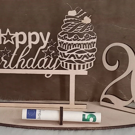 Happy Birthday Geschenk aus Holz, Cupcake, Geldgeschenk