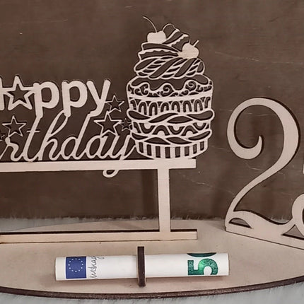 Happy Birthday Geschenk aus Holz, Cupcake, Geldgeschenk