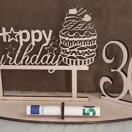 Happy Birthday Geschenk aus Holz, Cupcake, Geldgeschenk