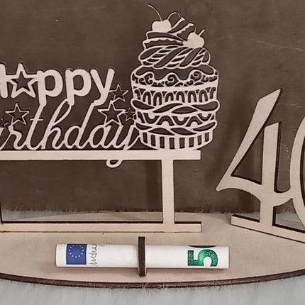 Happy Birthday Geschenk aus Holz, Cupcake, Geldgeschenk