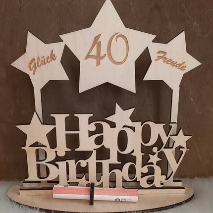 Geldgeschenk, HAPPY BIRTHDAY STERNE, aus Holz gelasert verschiedene Geburtstage