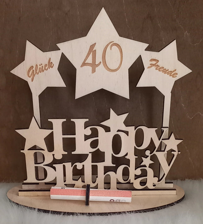 Geldgeschenk, HAPPY BIRTHDAY STERNE, aus Holz gelasert verschiedene Geburtstage