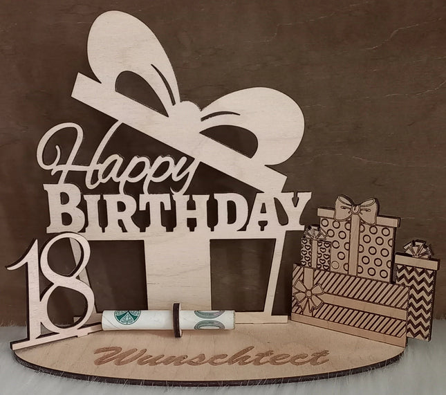 Happy Birthday Geschenk aus Holz, mit Geschenken
