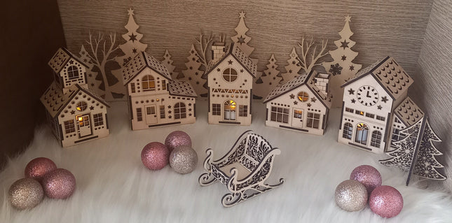 Weihnachtsdorf, 5 teiliges Set, Lichterhäuser