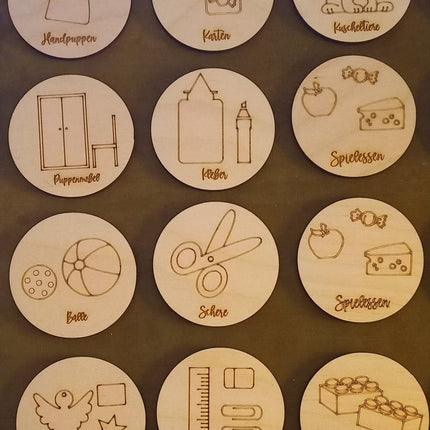 Holzetiketten/Schildchen, Kinderzimmer/ Organisation, Trofast, Motive mit Schrift, verschiedene Motive, ohne Klett