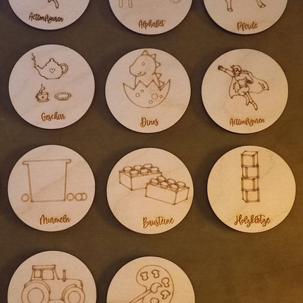 Holzetiketten/Schildchen, Kinderzimmer/ Organisation, Trofast, Motive mit Schrift, verschiedene Motive, ohne Klett