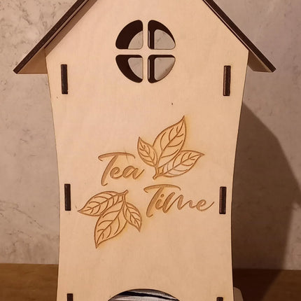 Teekanne, Blümchen mit Teebeutelhaus aus Holz gelasert