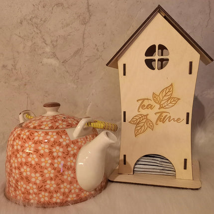 Teekanne, Blümchen mit Teebeutelhaus aus Holz gelasert