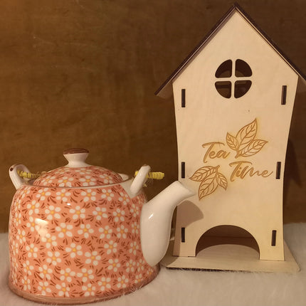 Teekanne, Blümchen mit Teebeutelhaus aus Holz gelasert