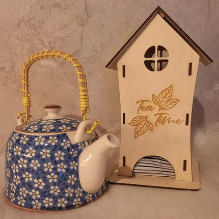 Teekanne, Blümchen mit Teebeutelhaus aus Holz gelasert