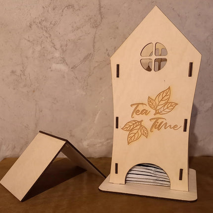 Teekanne, Blümchen mit Teebeutelhaus aus Holz gelasert