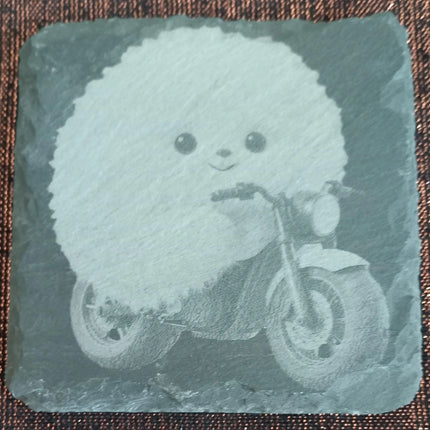 Untersetzer graviert, aus Schiefer, Flauschi auf Motorrad einzeln oder als Viererset