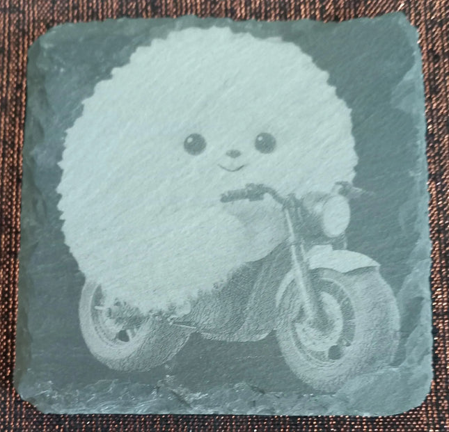 Untersetzer graviert, aus Schiefer, Flauschi auf Motorrad einzeln oder als Viererset