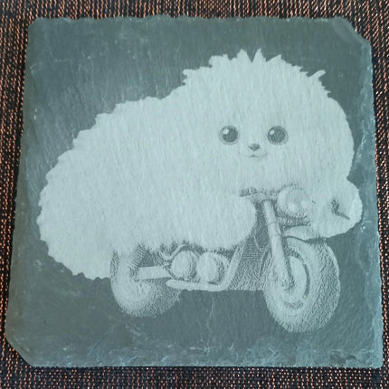 Untersetzer graviert, aus Schiefer, Flauschi auf Motorrad einzeln oder als Viererset