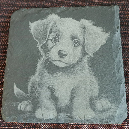 Untersetzer graviert, aus Schiefer, Hundewelpen einzeln oder als Viererset