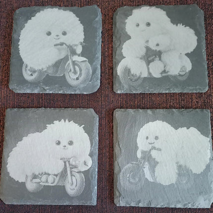 Untersetzer graviert, aus Schiefer, Flauschi auf Motorrad einzeln oder als Viererset