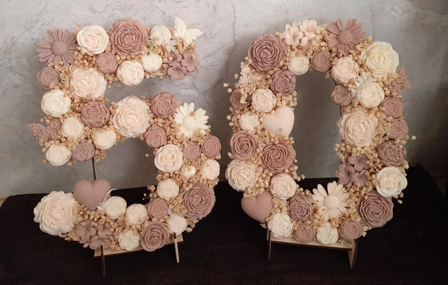 Zahlen aus Blumen, Blumen aus Rapswachs, HOCHZEIT, GEBURT, TAUFE, Geburtstag, einzigartig, Unikate, ca. 30,0 cm Hoch